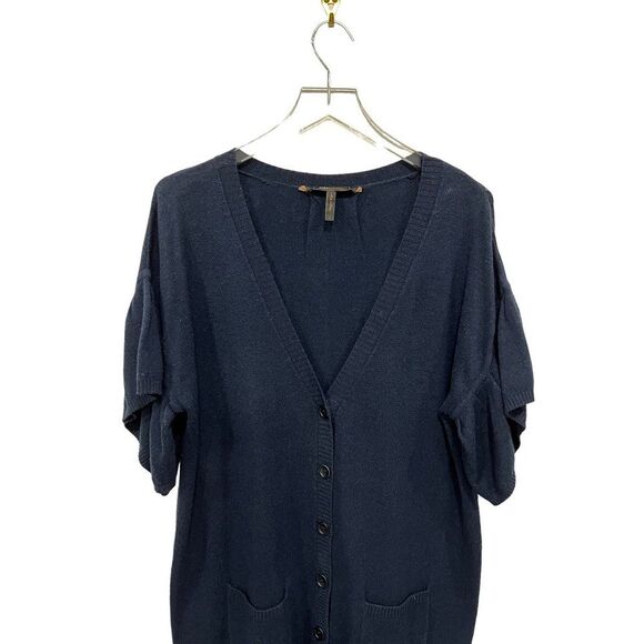 BCBG Max Azria Sz L Lambswool Cardigan Flutter Short Sleeve V-neck Sweater Navy - Picture 2 of 7
